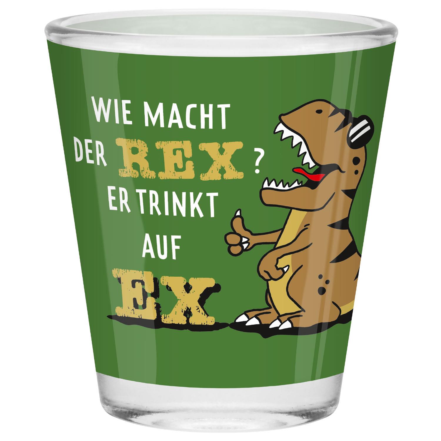 Grünes Schnapsglas mit Dino-Motiv und Spruch – 60 ml, spülmaschinengeeignet