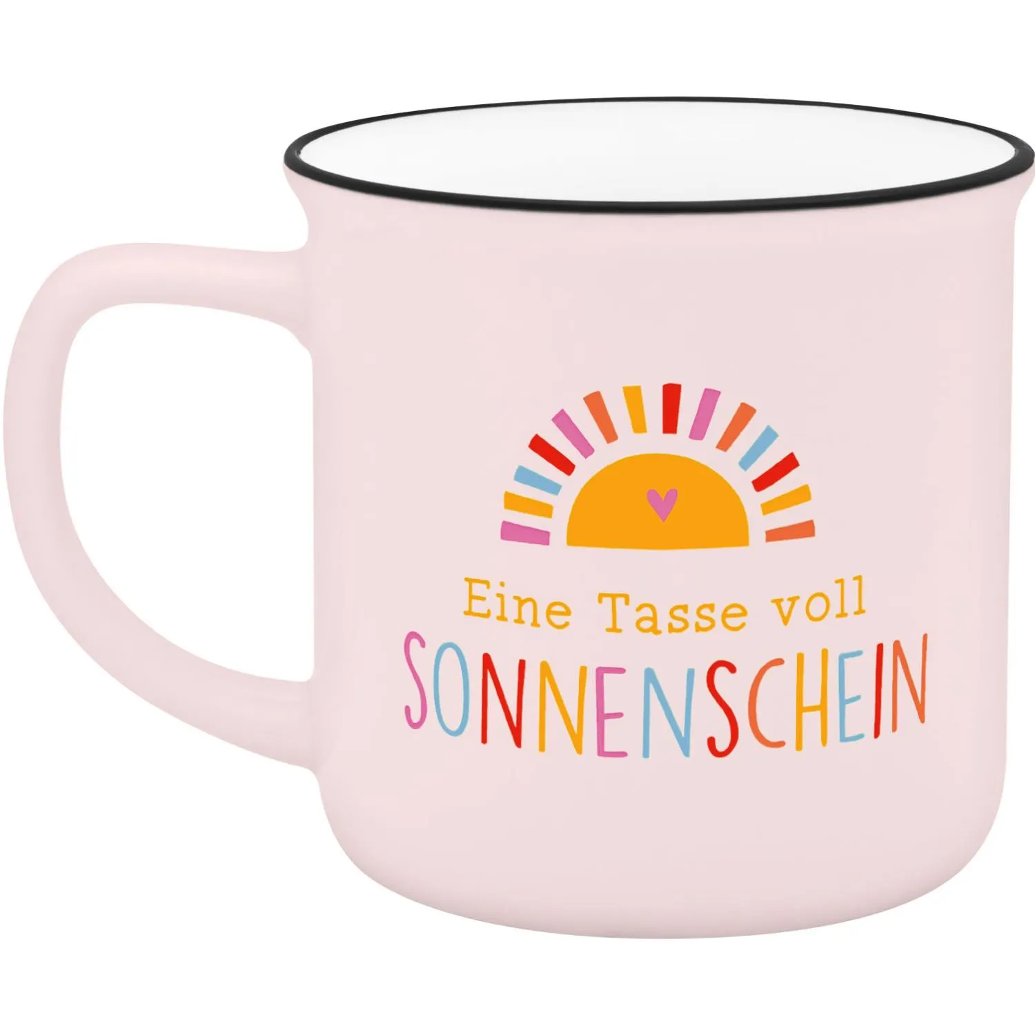 Pastellrosa Lieblingsbecher mit buntem Sonnenmotiv und Schriftzug Eine Tasse voll Sonnenschein.