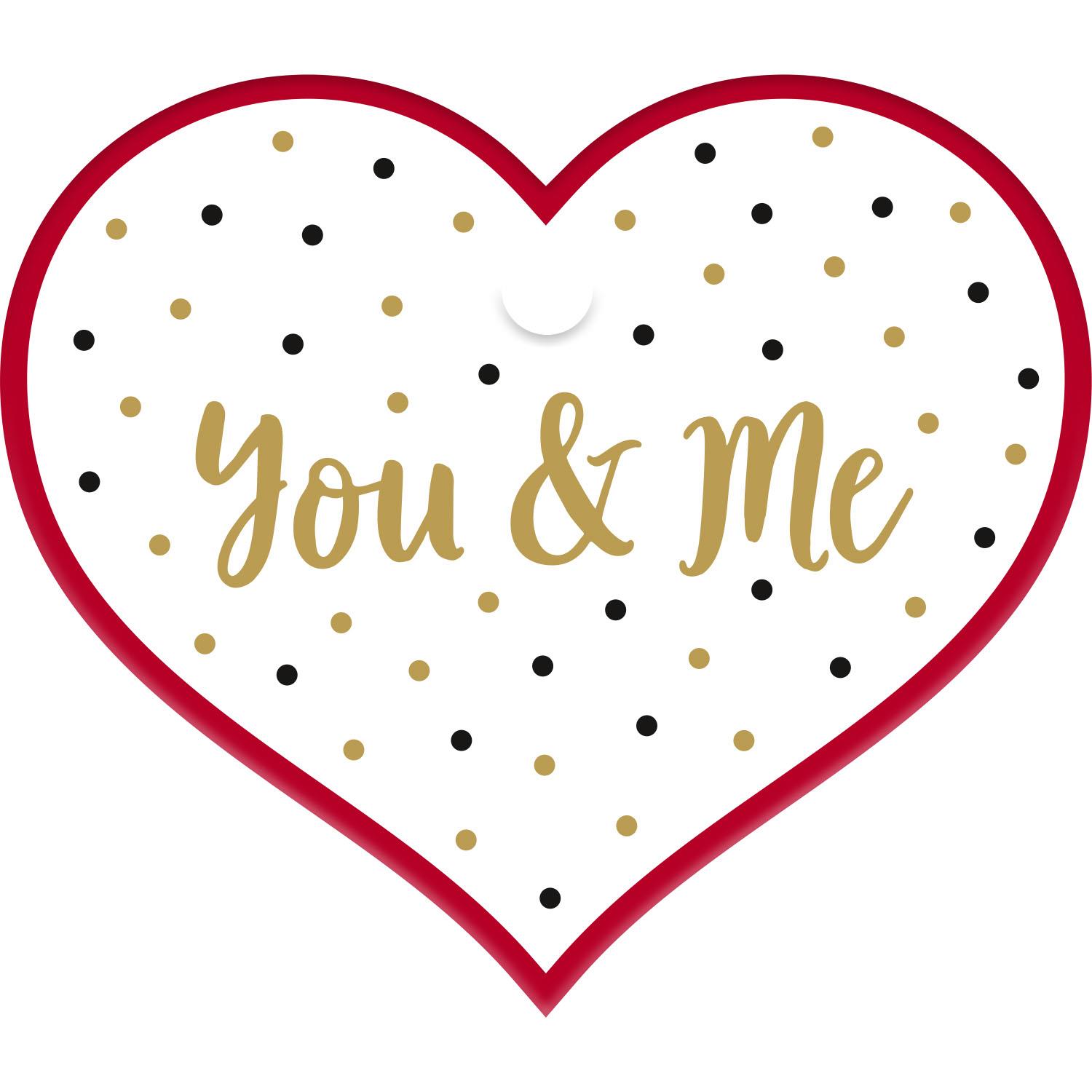 Weiße Herz-Grafik mit 'You & Me' Schriftzug, Gold- und Schwarzdots, rote Kontur.