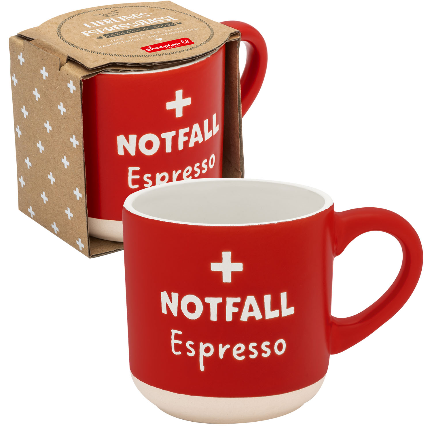 Rote Espressotasse mit weißem Innenraum und Notfall-Espresso-Aufdruck