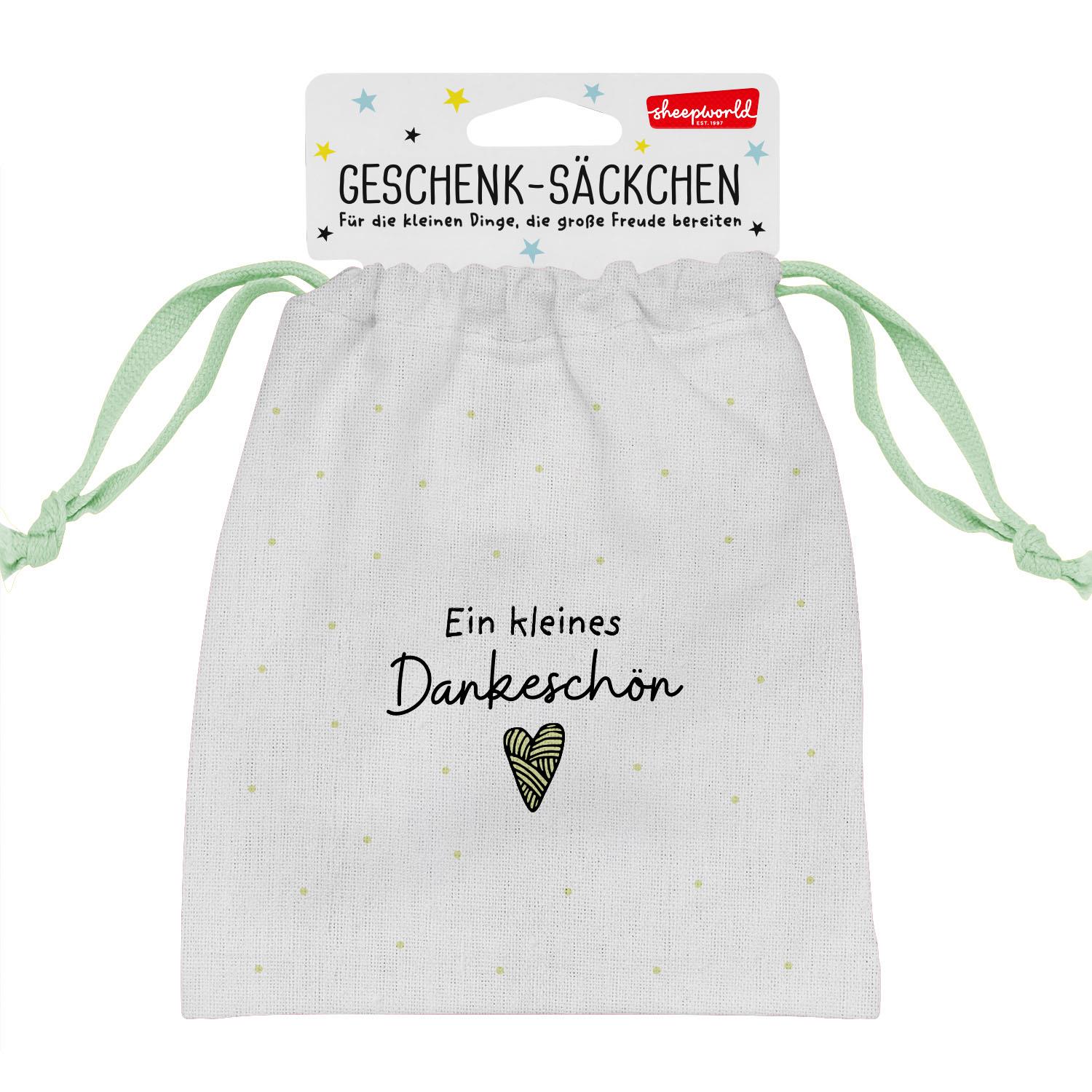 Weißes Canvas-Geschenksäckchen mit hellgrünen Schnüren, Herz-Motiv und 'Ein kleines Dankeschön'.