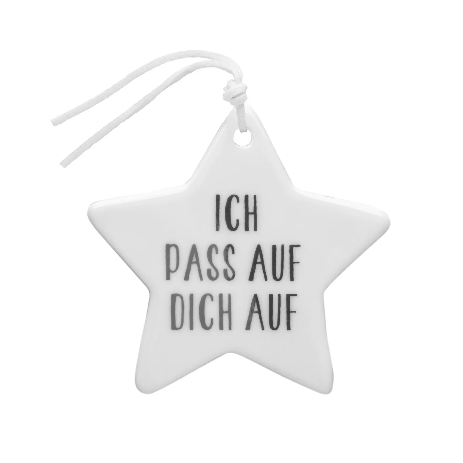 Weißer Porzellanstern mit Silberschrift 'Ich pass auf dich auf' am Kunstlederband