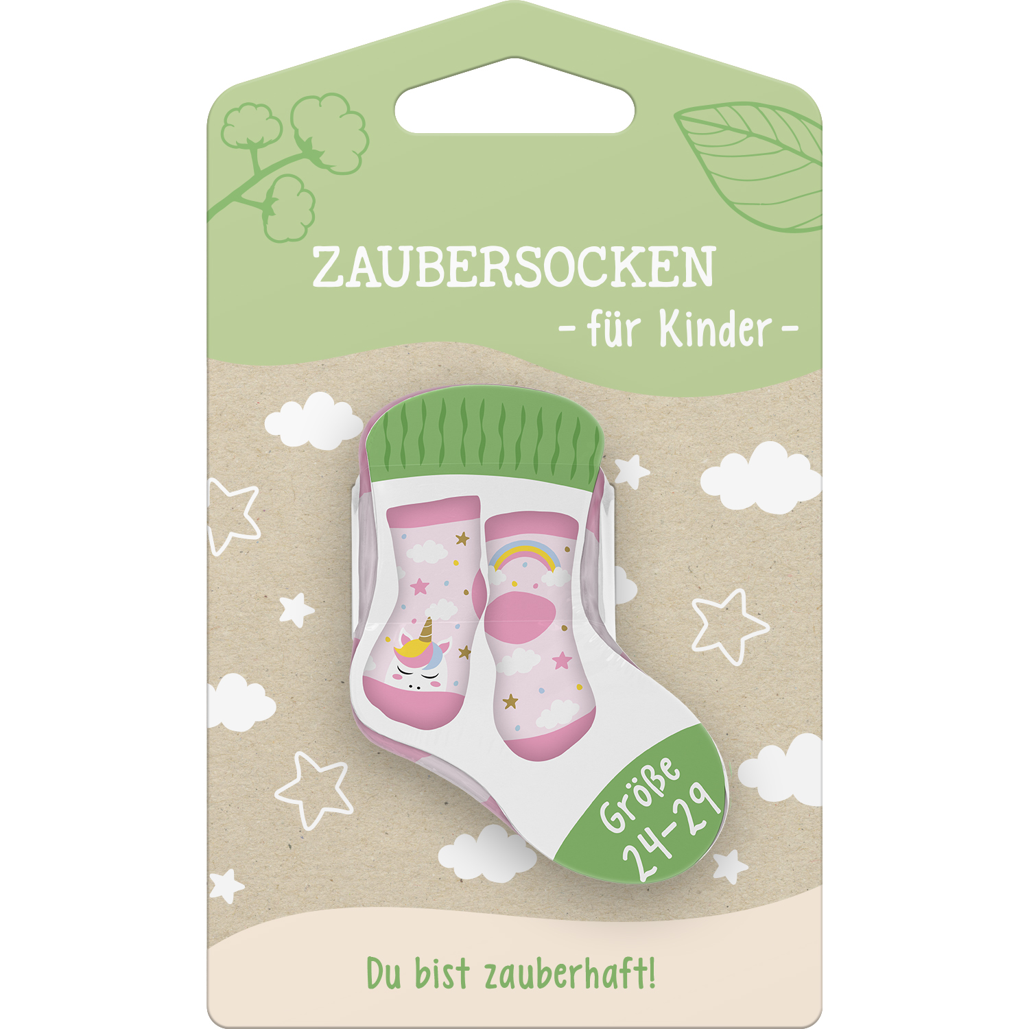 Kleinkind-Zaubersocken »Einhorn« in Verpackung, rosa Socken mit Einhorn-Motiv.
