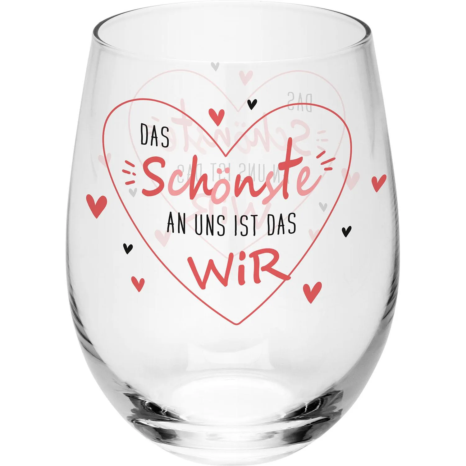 Transparente Gläser mit rotem Herzmotiv und Spruch Das Schönste an uns ist das Wir