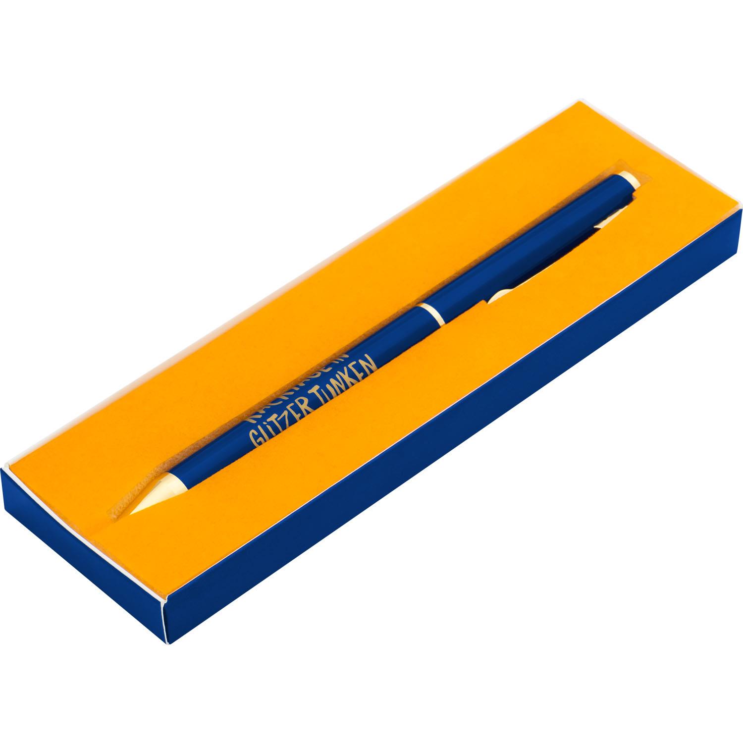 Blauer Kugelschreiber in orange-gelber Geschenkbox mit Goldakzenten