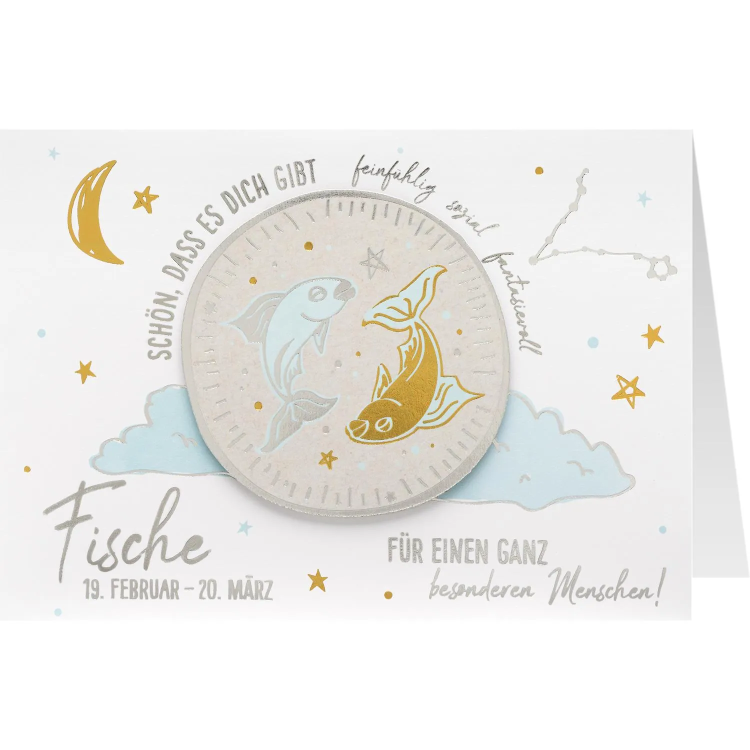 Grußkarte »Fische« mit silbernem Medaillon und pastellblauen Wolken