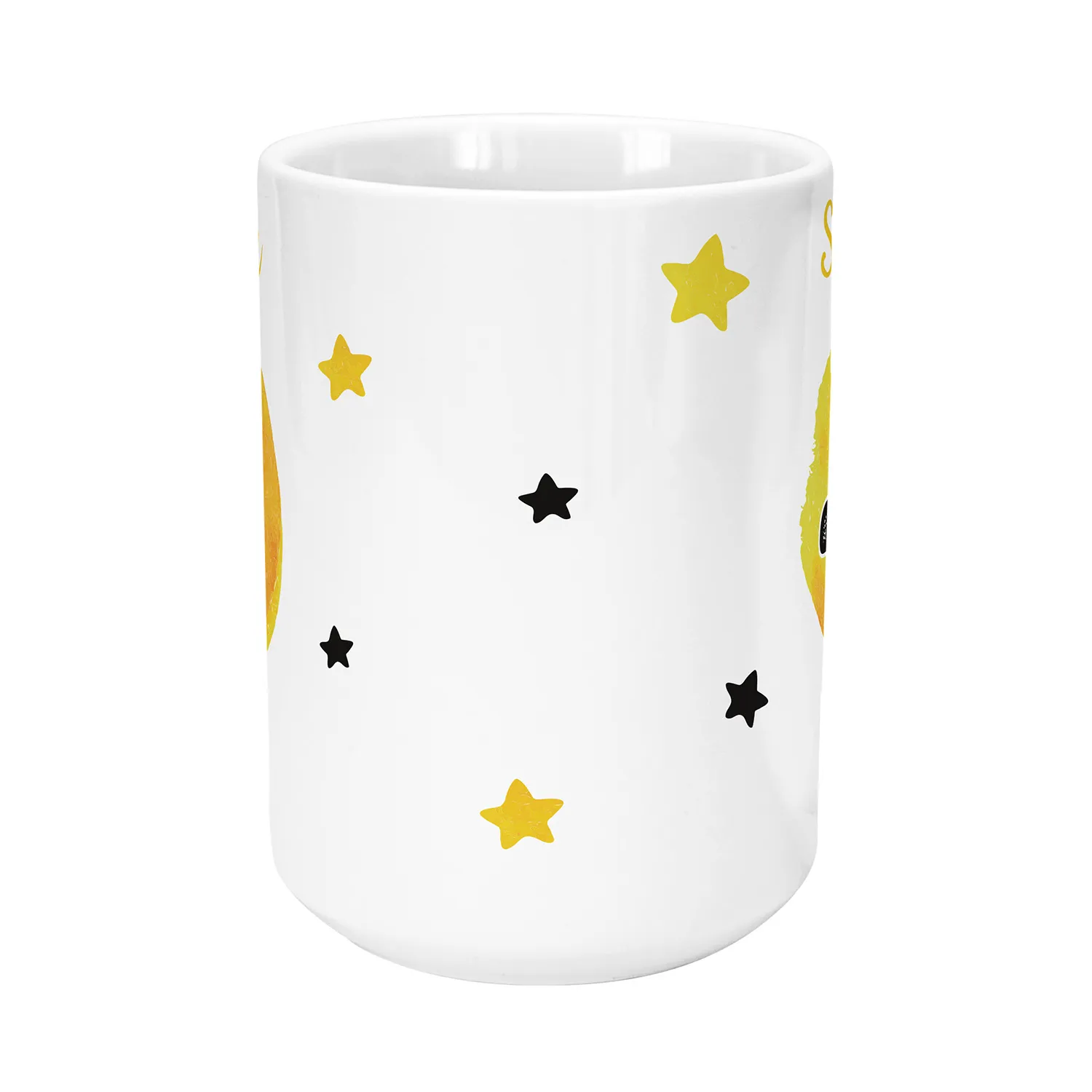 Weiße Keramik-Tasse mit gelben und schwarzen Sternen im Rundum-Muster