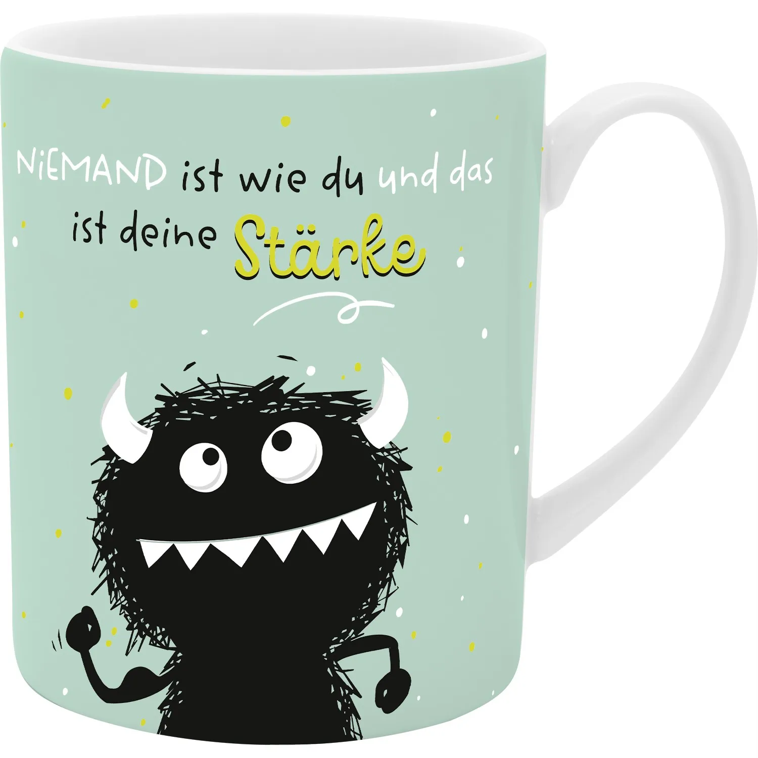 XL-Tasse Monster – mintgrüner Porzellanbecher mit Spruch und schwarzem Monster