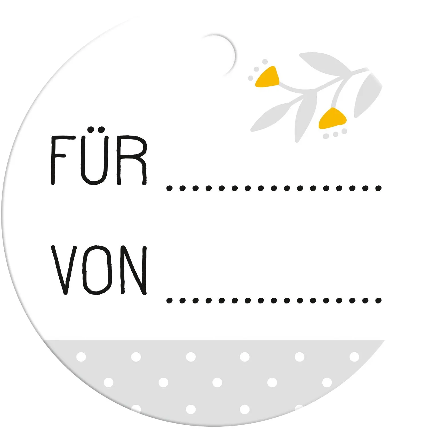 Runder Geschenkanhänger aus Papier mit FÜR/VON und gelbem Zweigmotiv