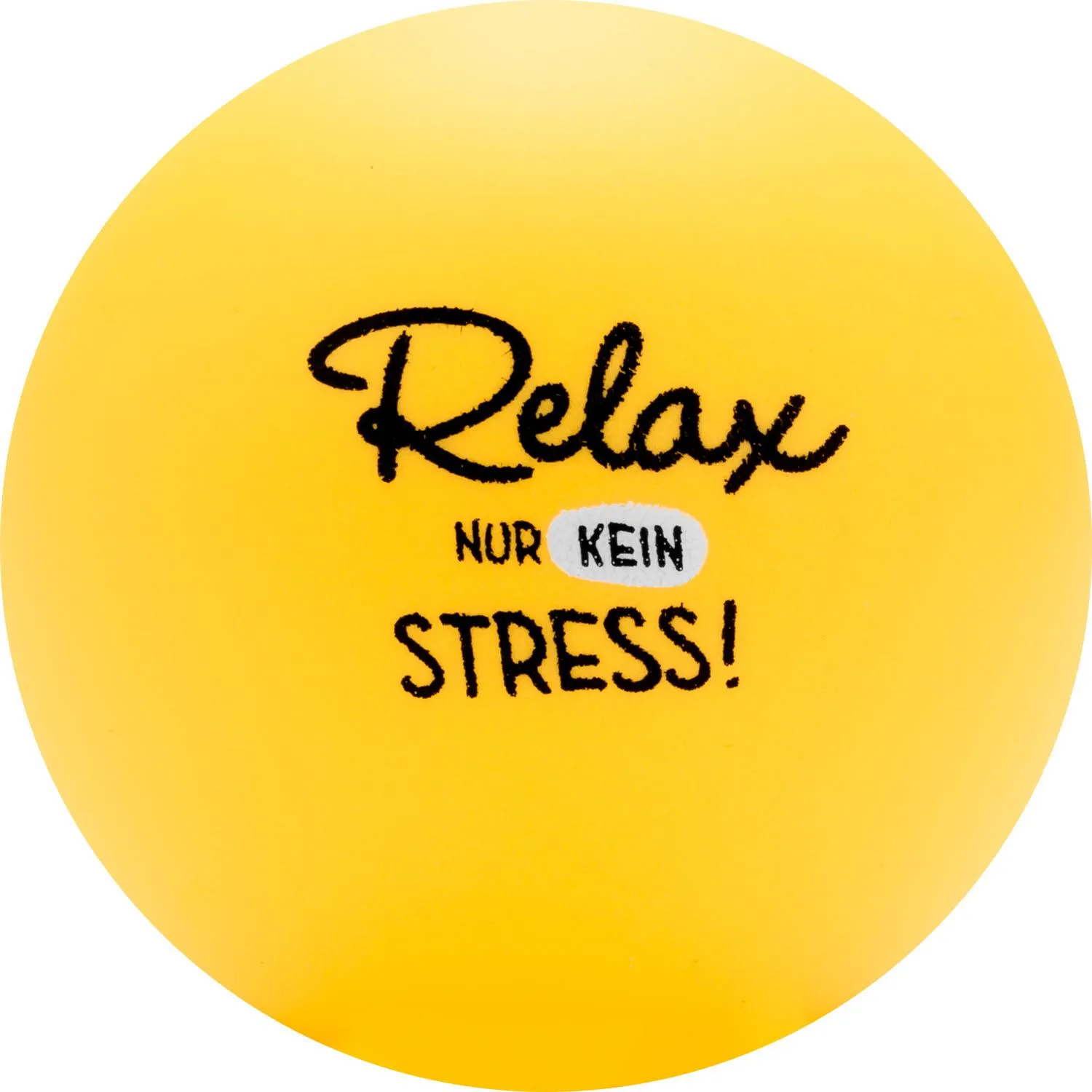 Gelber Stressball mit schwarzem Aufdruck Relax – Nur kein Stress!
