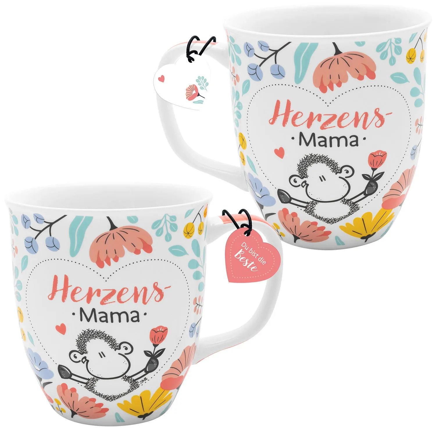 Weiße Keramiktasse mit Herz-Mama-Motiv und Monkey-Illustration in Pastellfarben