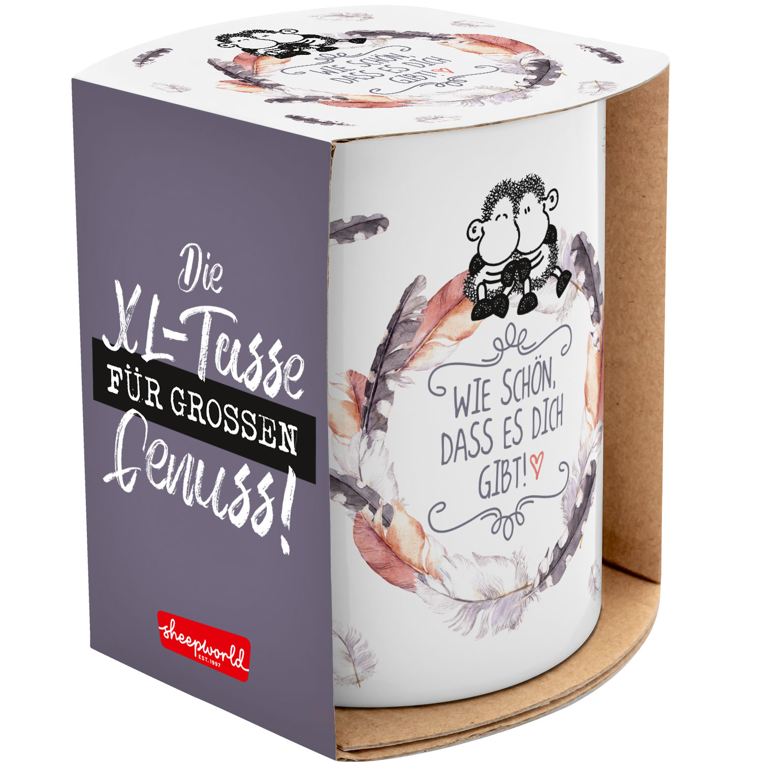 Weiße Porzellans Tasse mit Schriftzug Wie schön, dass es dich gibt und floralen Akzenten
