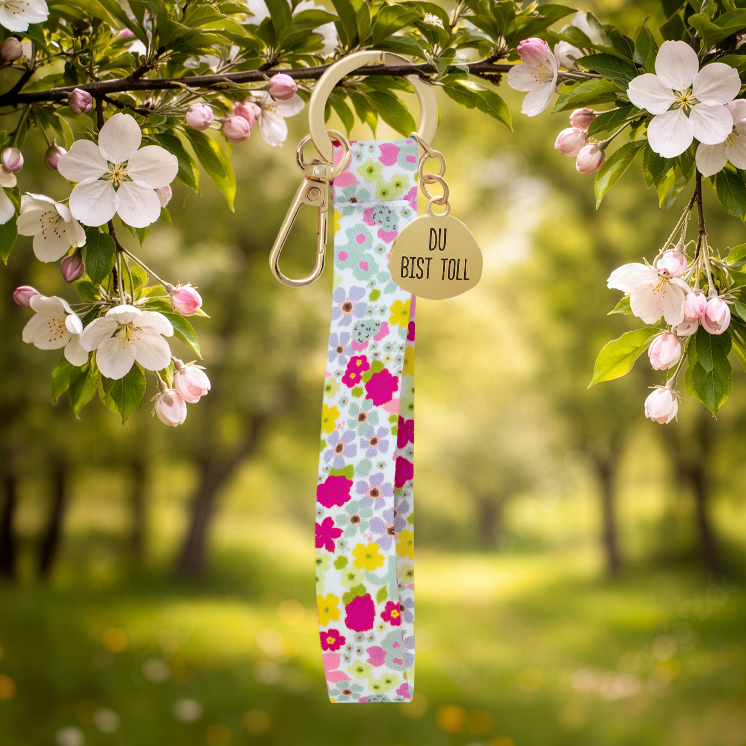 Schlüsselband mit buntem Blumenmuster, goldener Karabiner und Anhänger mit 'DU BIST TOLL'.
