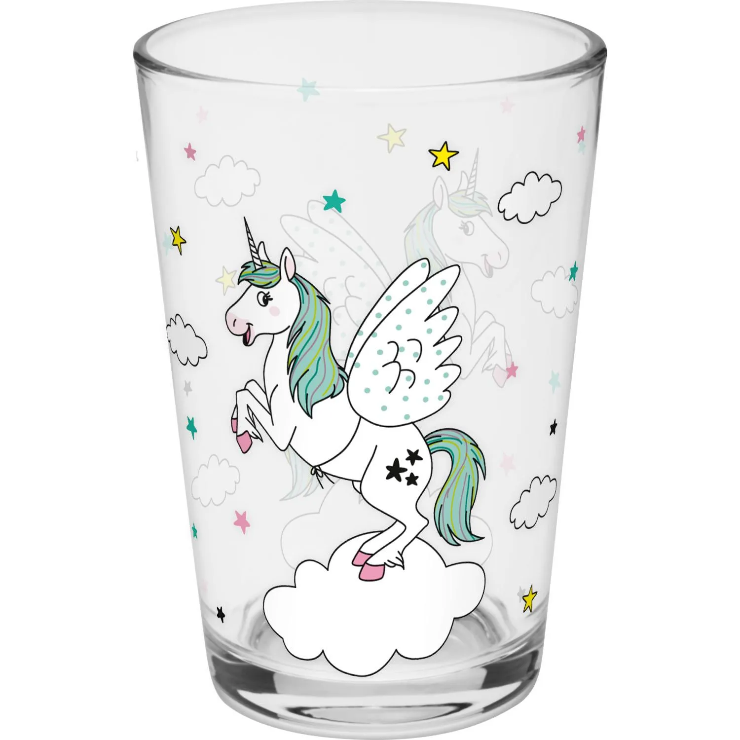 Trinkglas Einhorn mit Flügeln, Pastellfarben, Wolken und Sterne – süßes Schulstart-Geschenk.