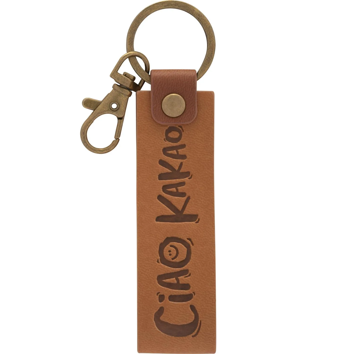 Brauner Kunstleder-Schlüsselanhänger mit goldfarbenem Ring und Schriftzug CIAO KAKAO