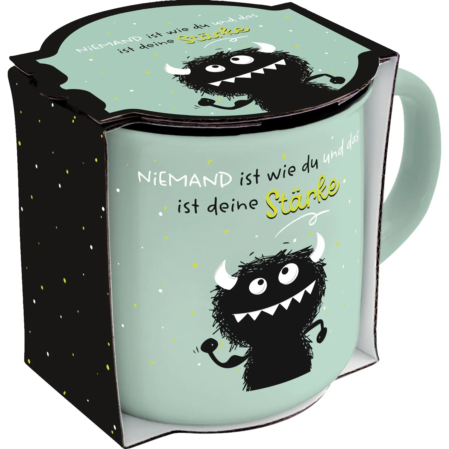 Pastellgrüner Porzellan-Becher mit Monster-Motiv und Spruch.