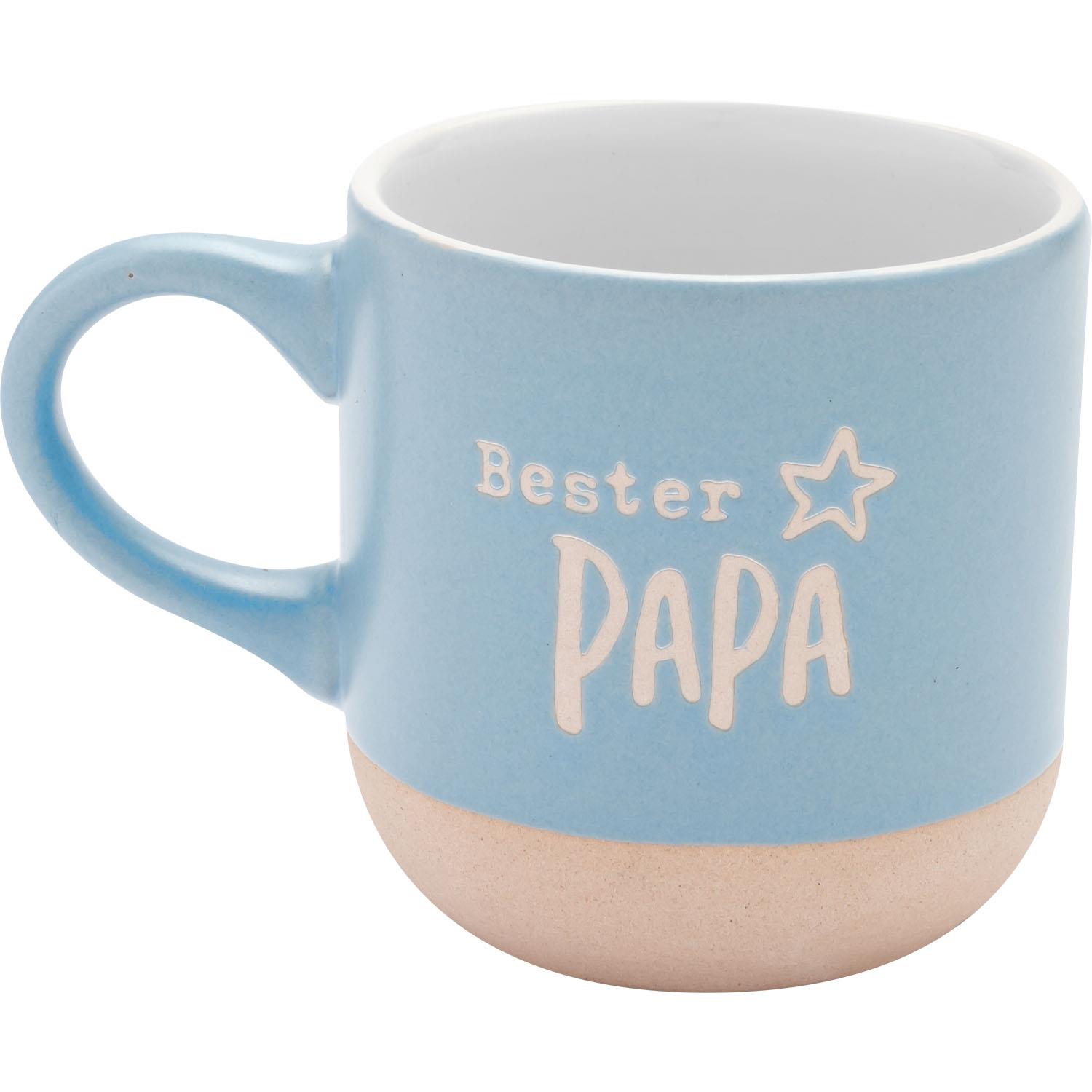 Blaue Steinzeug-Tasse mit cremefarbener Bodenkante und Aufdruck 'Bester Papa'