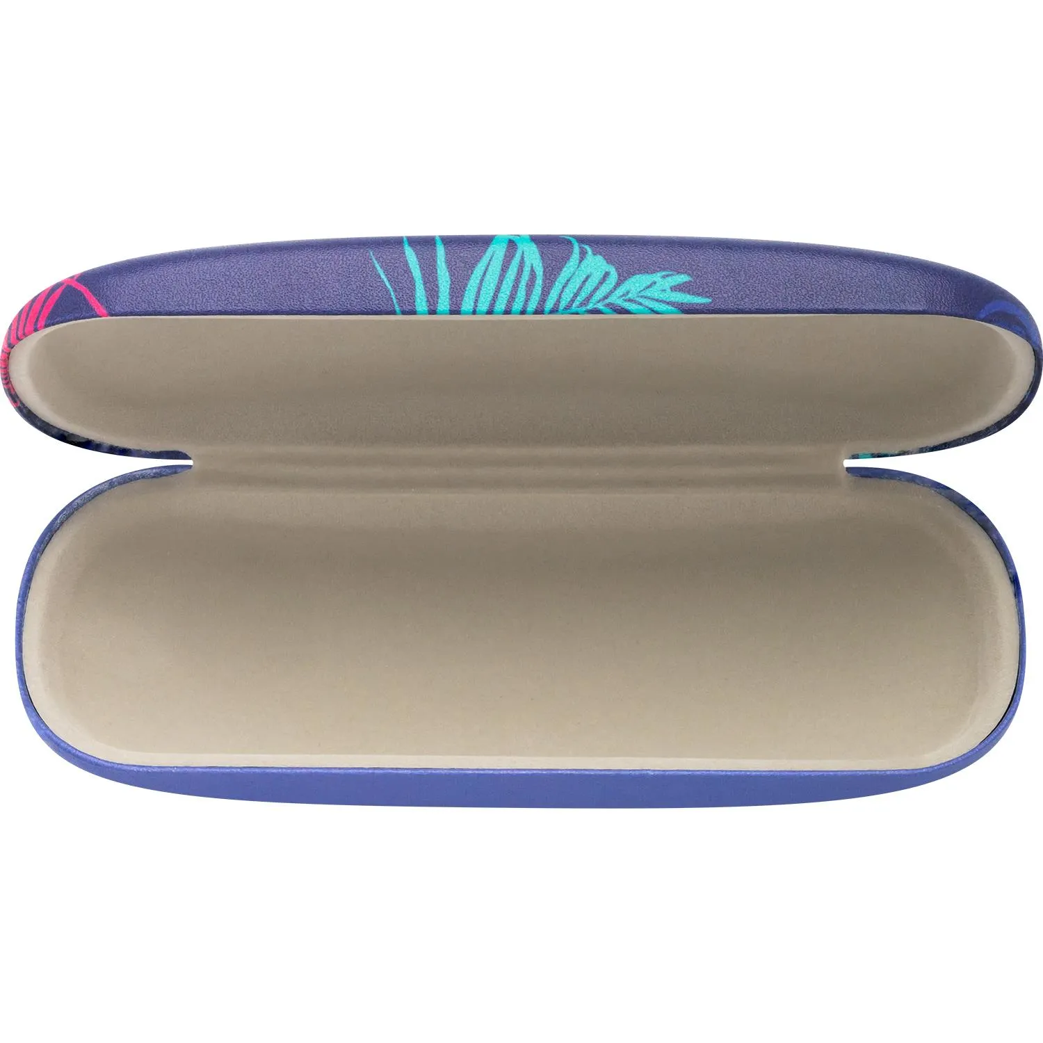 Blau-lila Hartschalen-Brillenetui mit tropischem Muster und Golddruck, Innenbezug cremefarben