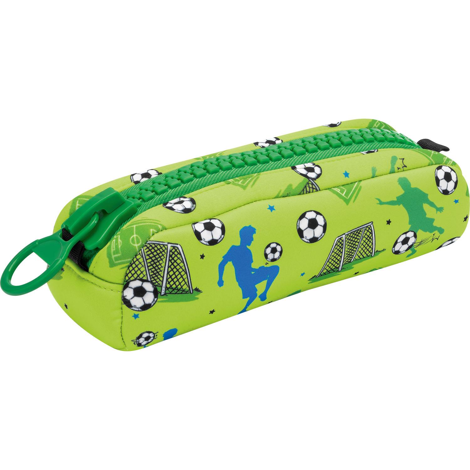Neon-grünes Neopren-Federmäppchen mit Fußballmotiven und XL-Reißverschluss
