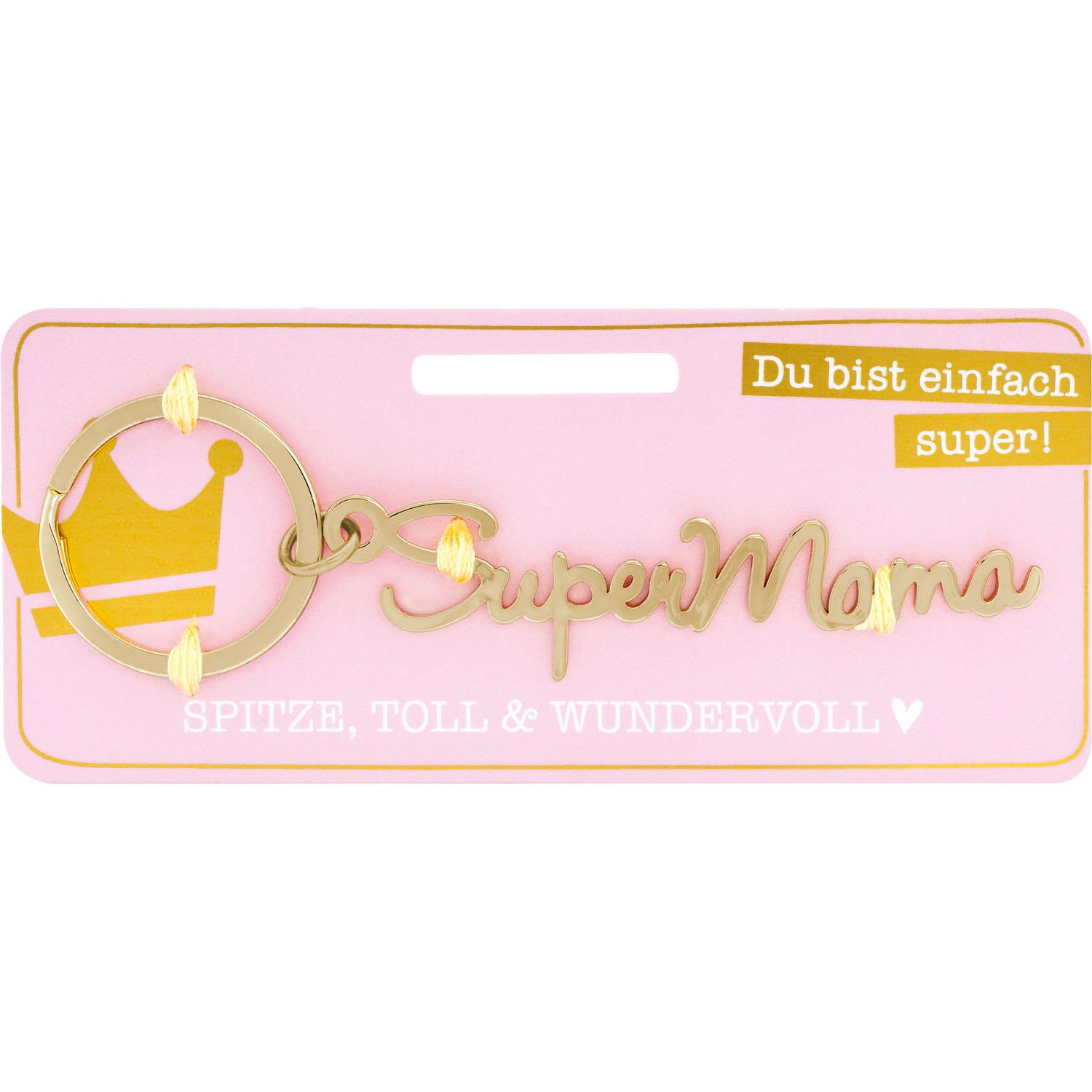 Goldfarbener Schlüsselanhänger mit Schriftzug 'Super Mama' auf pinker Verpackung.