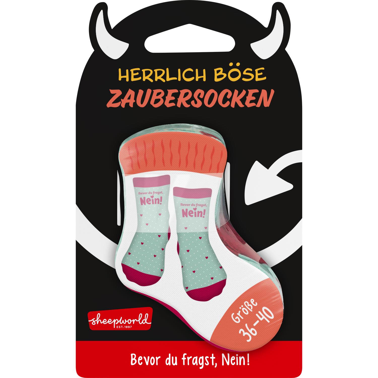 Mintfarbene Zaubersocken mit Nein-Aufdruck, Lieferung in schicker Verpackung.