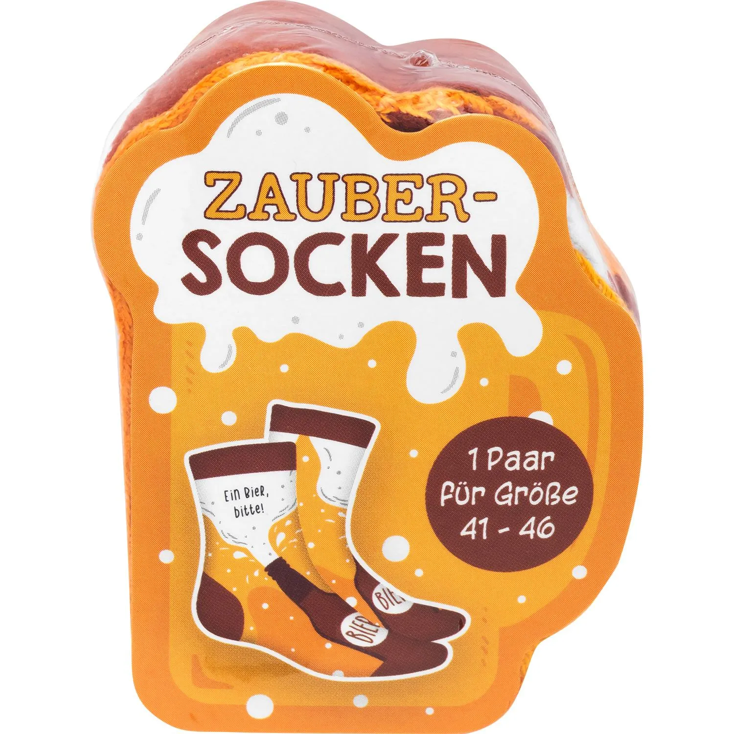 Zaubersocken »Bier« in orange Verpackung mit Bier-Schaum-Motiv, Größe 41–46