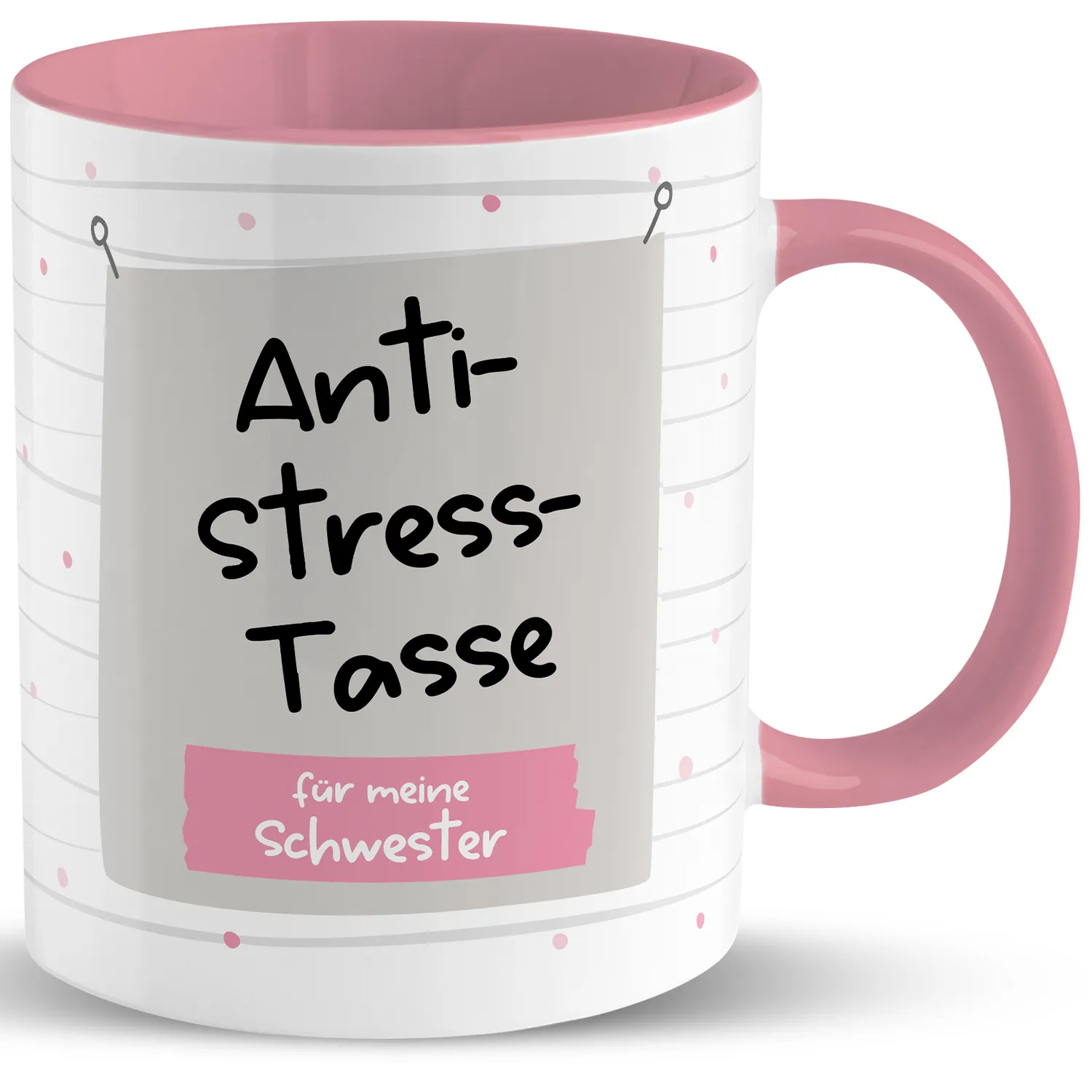 Personalisierte Anti-Stress-Tasse für Schwester, weiß mit rosa Griff.