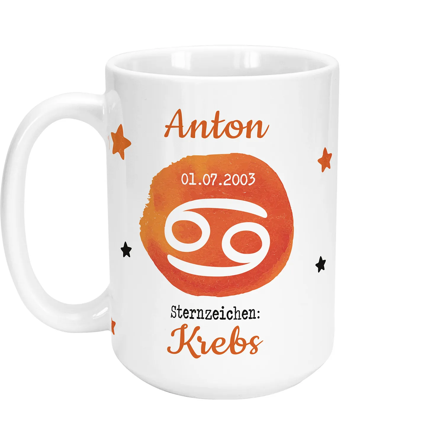 Weiße Keramik-Tasse mit Krebs-Zeichen und Sternen, personalisiert mit Namen und Geburtsdatum