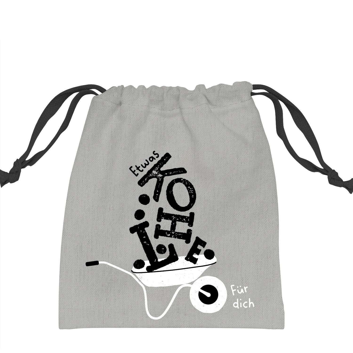 Graues Canvas-Geschenksäckchen mit Schubkarre-Motiv und Münzen – originelle Verpackung für Geldgeschenke, mit Zugband.