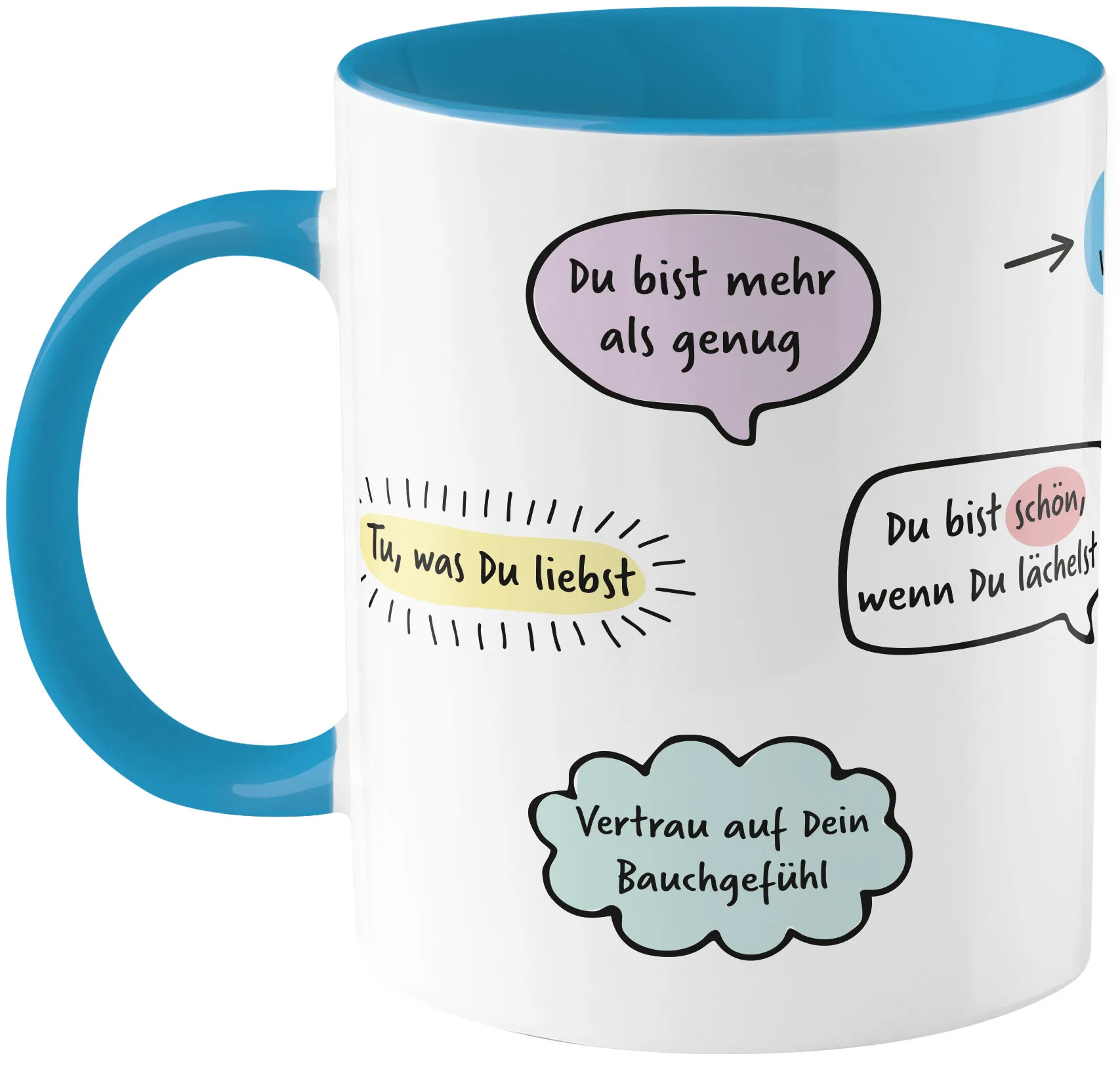 Weiße Porzellan-Tasse mit blauem Griff und Pastell-Sprechblasen-Motiv.