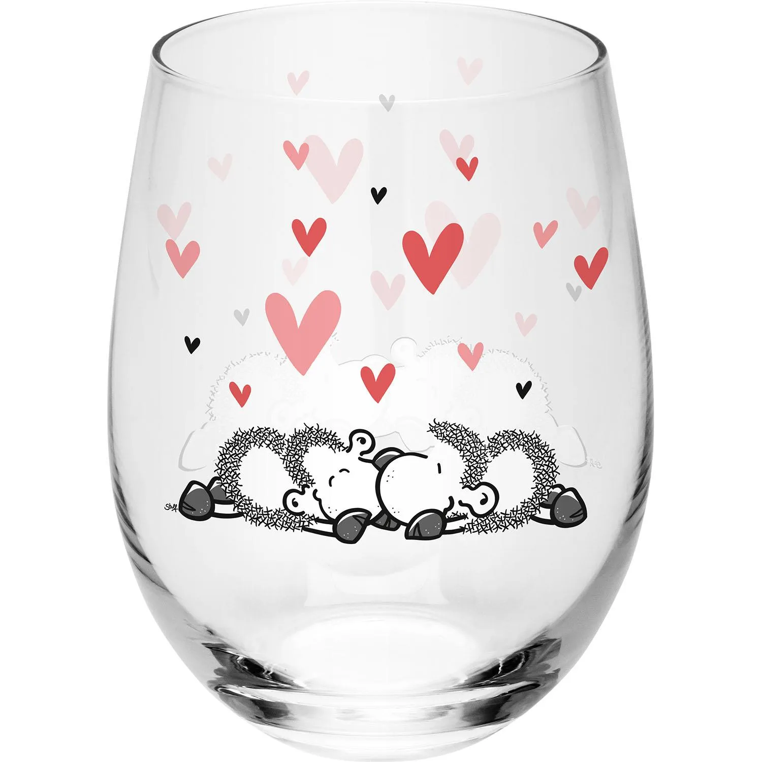 Trinkglas mit zwei kuschelnden Schafen und Herz-Motiven, Valentinsdesign.
