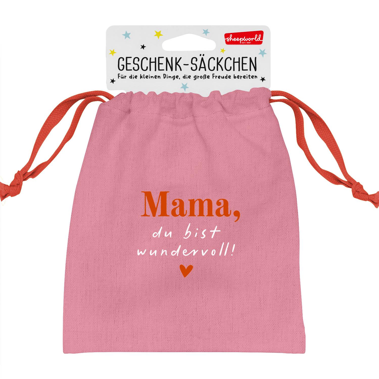 Rosa Canvas-Geschenksäckchen mit orangem Druck Mama, du bist wundervoll! und rotem Zugband.