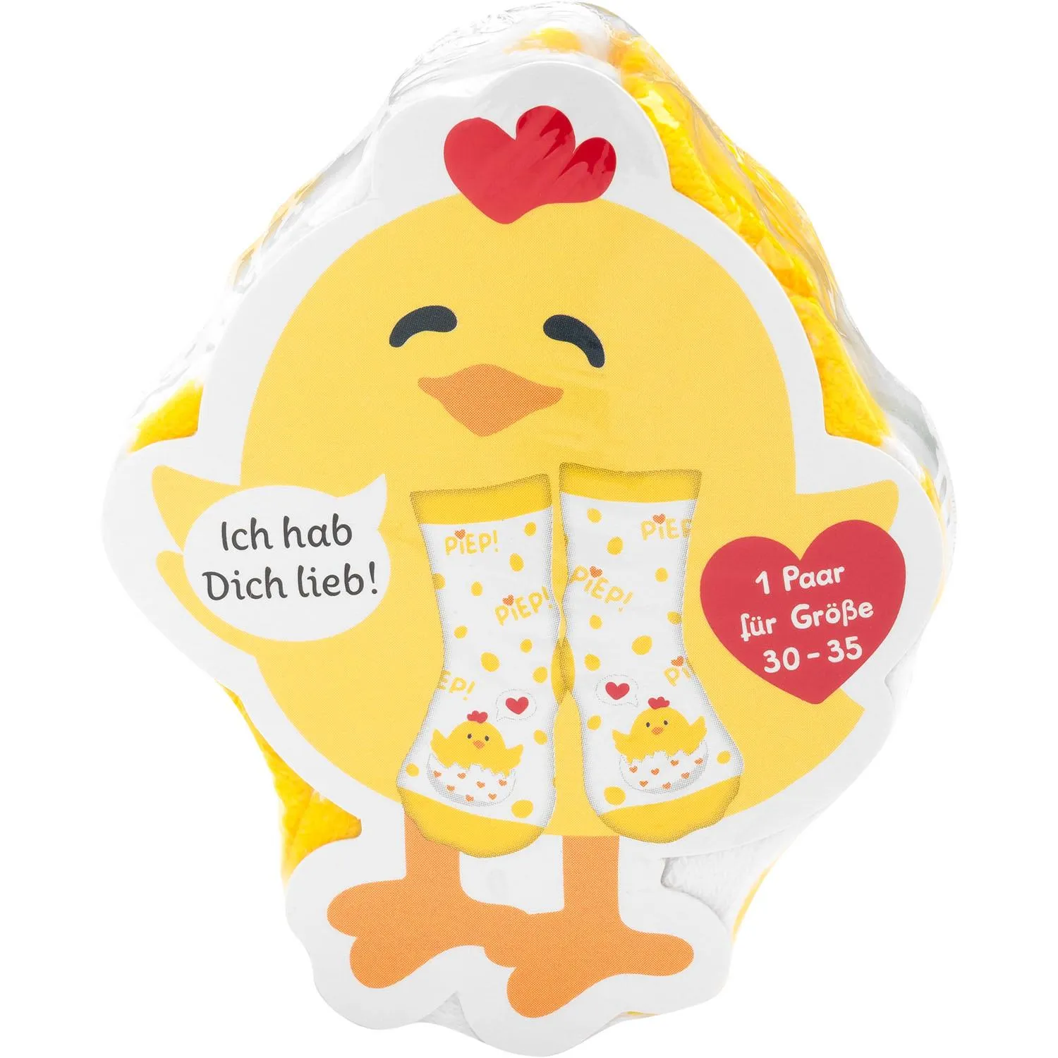 Küken-Zaubersocken für Kinder, gelb/weiß, 'Ich hab Dich lieb!' Motiv, Größe 30–35