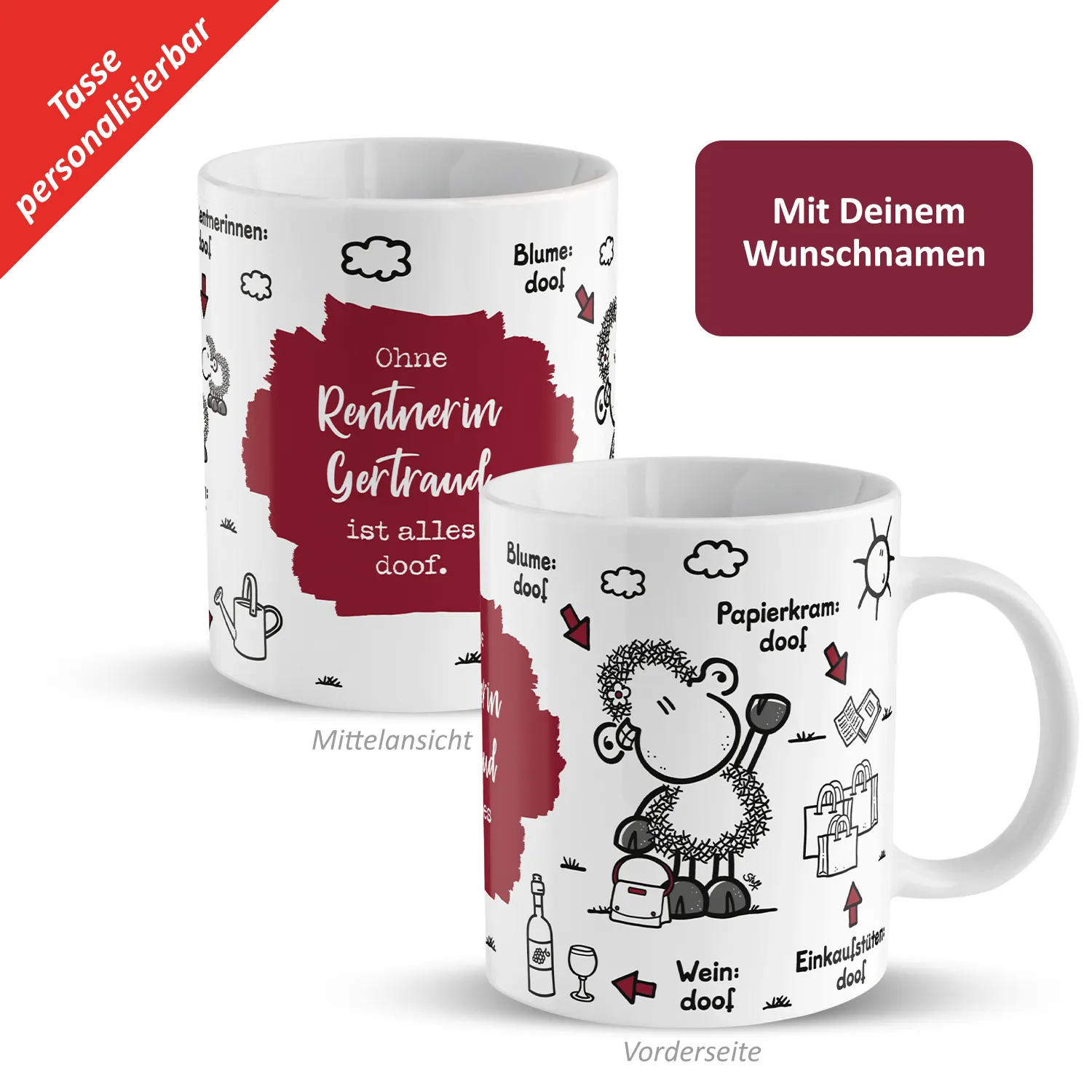 Personalisierte Porzellan-Tasse mit Wunschname und humorvollem Spruch