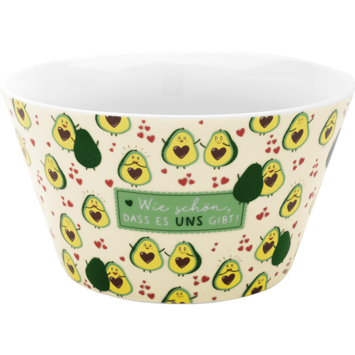 Porzellan-Schale mit Avocado-Motiv und Grußbanner auf cremefarbigem Grund – ideal fürs Frühstück.