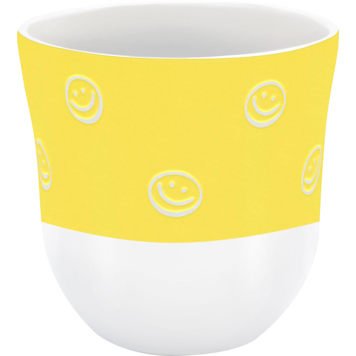 Gelber Steinzeug-Becher mit weißen Smileys, 400 ml