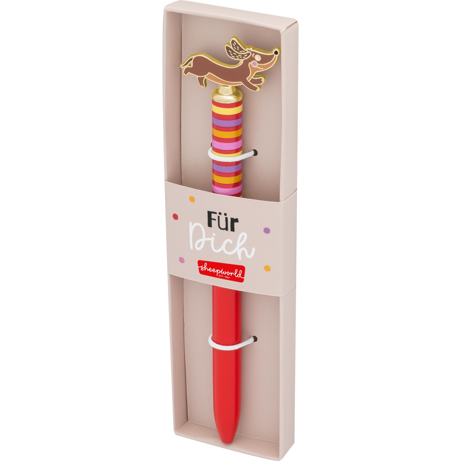 Kugelschreiber im Dackel-Design mit bunten Ringen, roter Körper und Geschenkverpackung