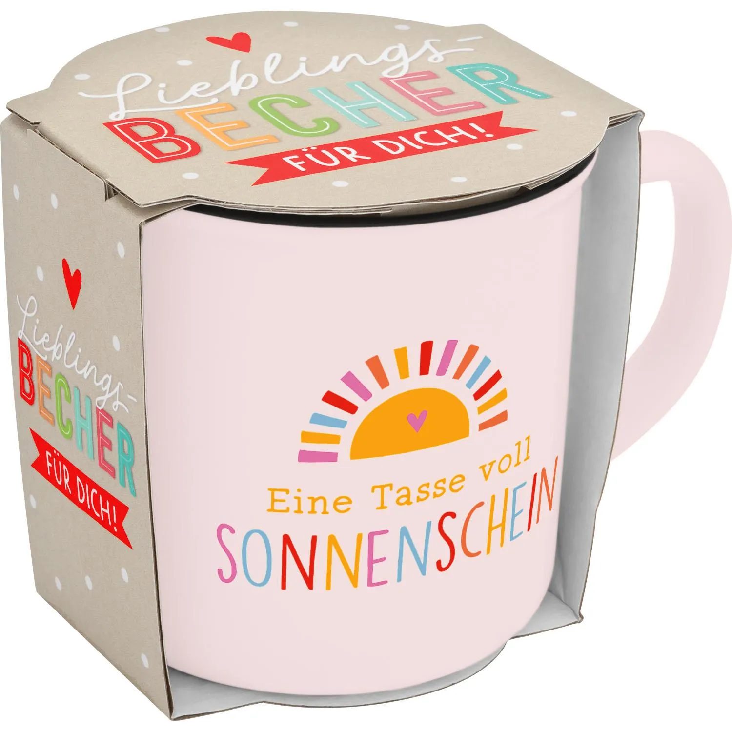 Pinker Becher mit Sonnenaufgangs-Motiv und buntem Schriftzug