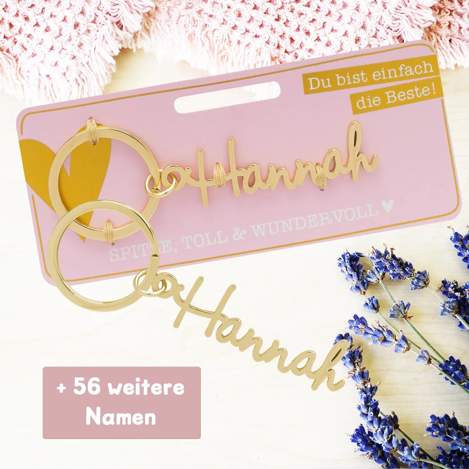 Goldfarbener Namens-Schlüsselanhänger Hannah auf pinker Verpackungskarte