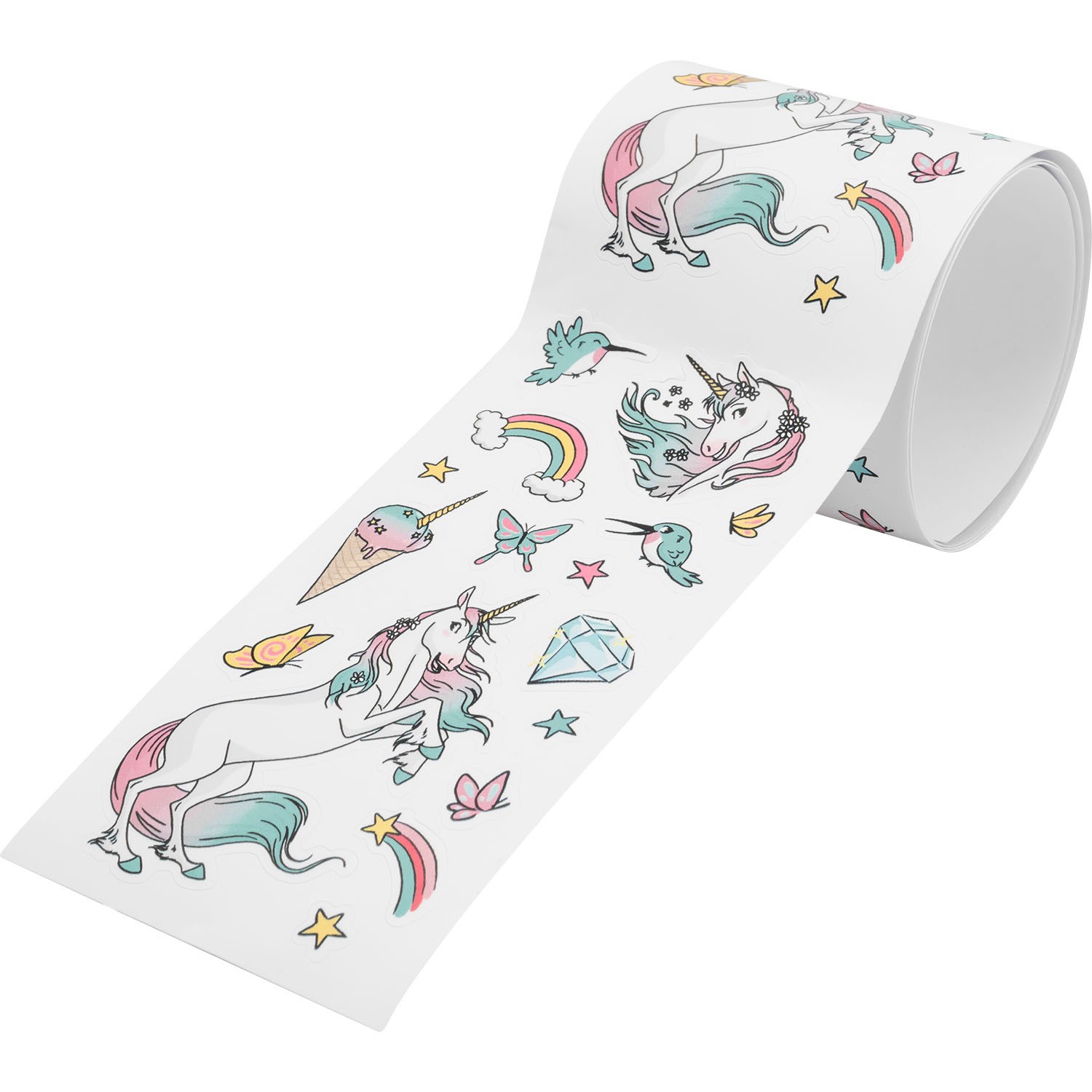 Stickerrolle mit pastelisierten Einhorn-Motiven, 128 Sticker, Geschenkbox