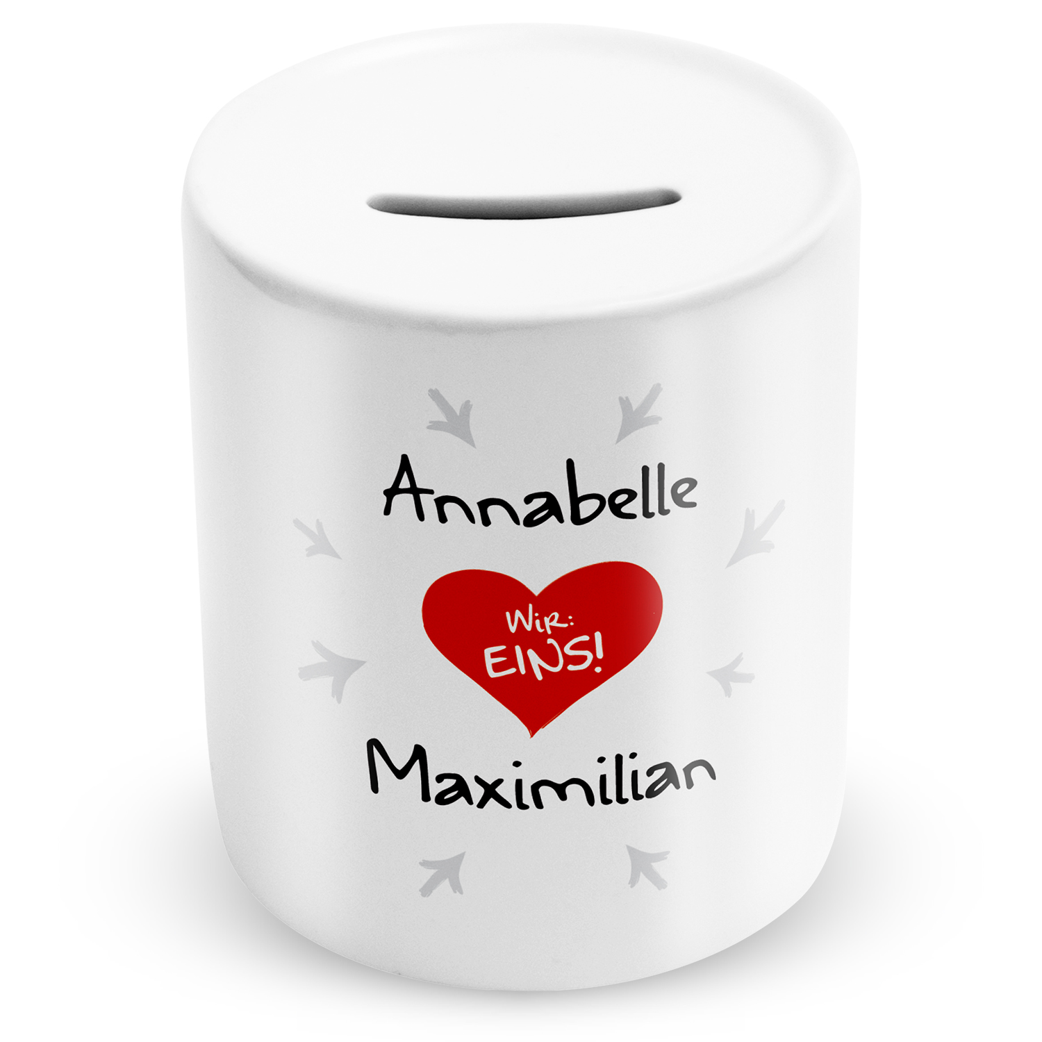 Weiße Keramik-Spardose mit rotem Herz und personalisierten Namen Annabelle & Maximilian – Wir Eins!