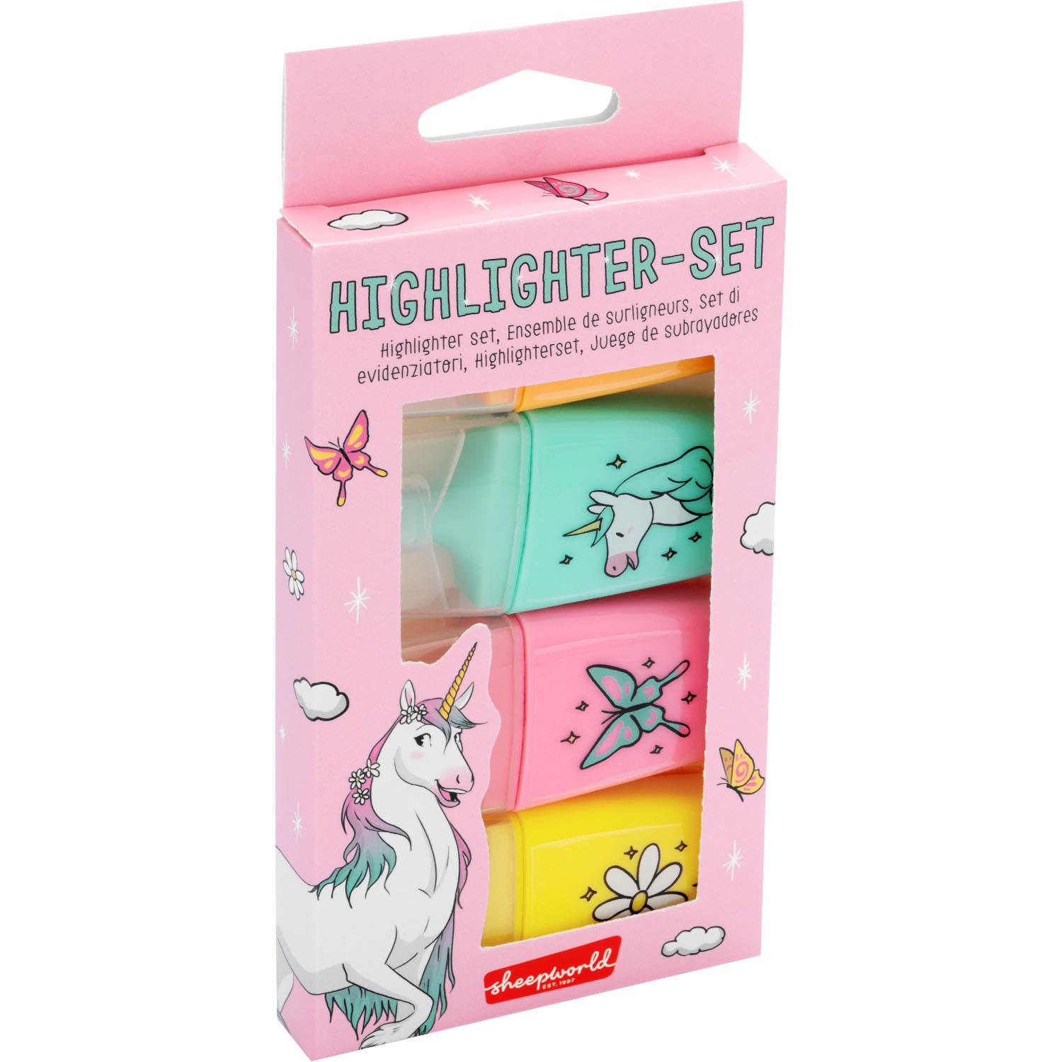 Pastellfarbenes Highlighter-Set »Einhorn-Zauber« in rosa Verpackung mit Mintgrün, Rosa und Gelb