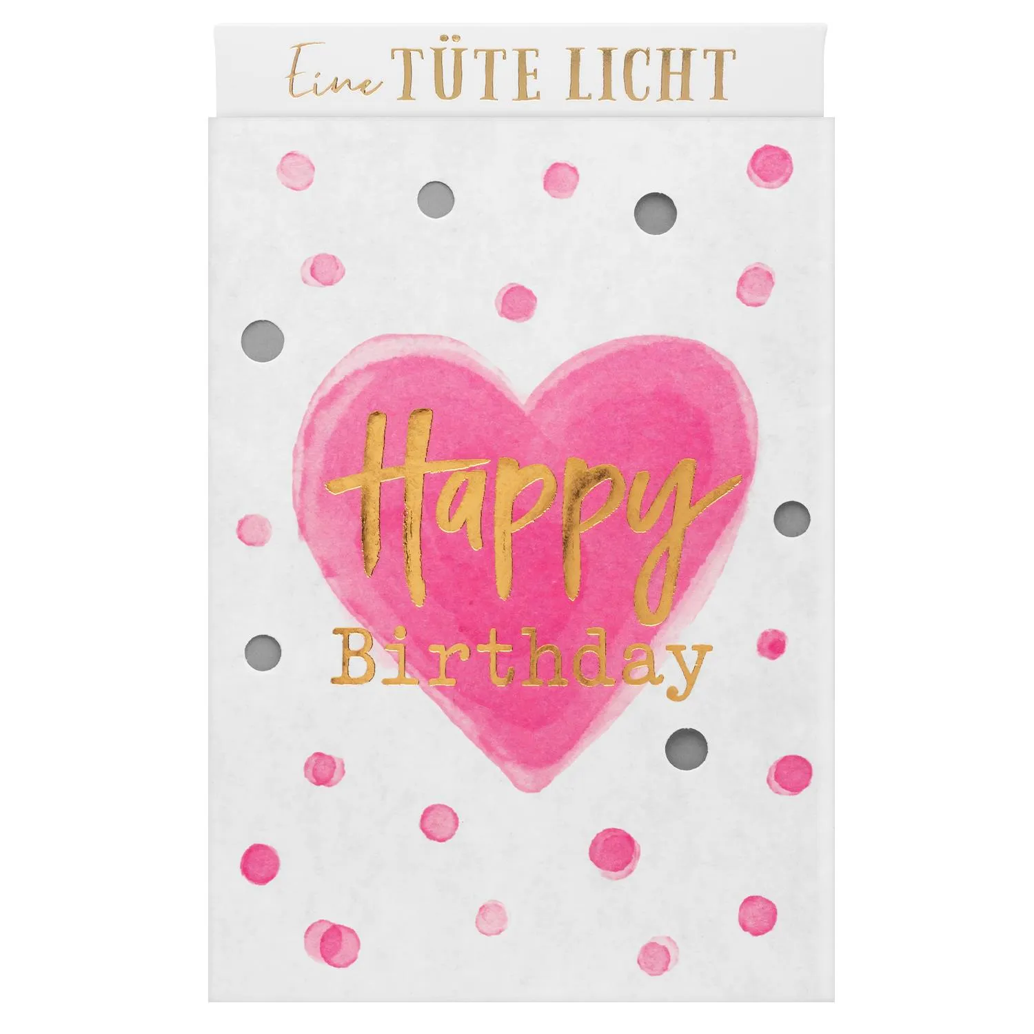 Lichttüte mit pinkem Herz, goldener Aufschrift 'Happy Birthday' und rosa Tupfen