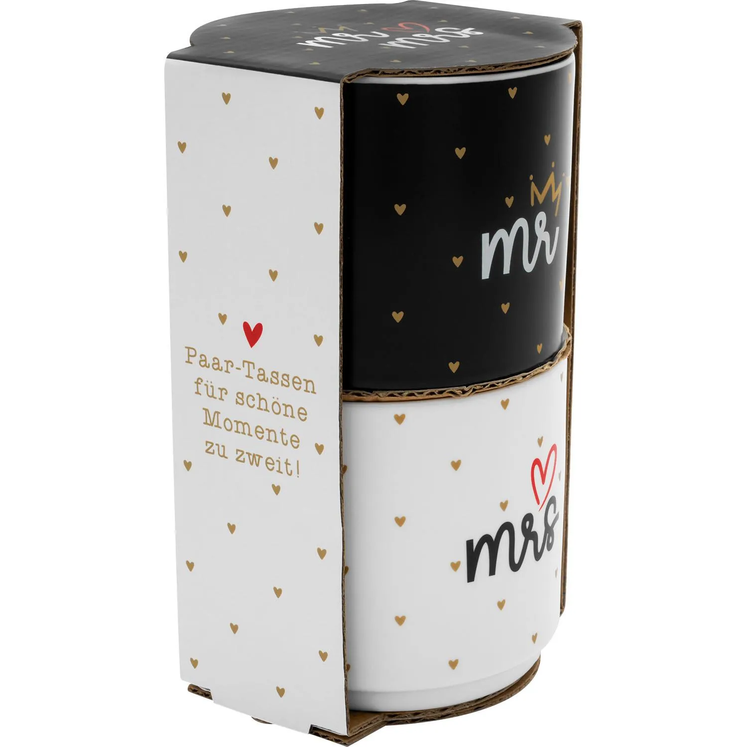 Paar-Tassen aus Porzellan in Weiß/Schwarz mit Goldherzen und Mr & Mrs