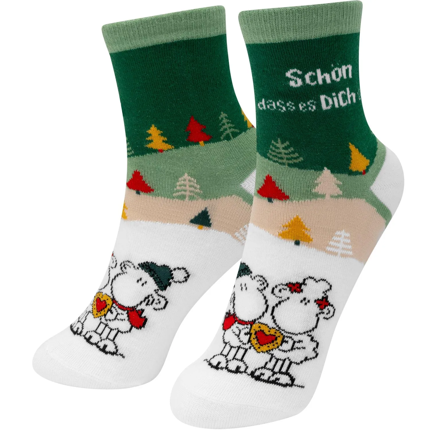 Paar bunte Wintersocken mit Bären-Motiv und Waldlandschaft, kuschelweich.