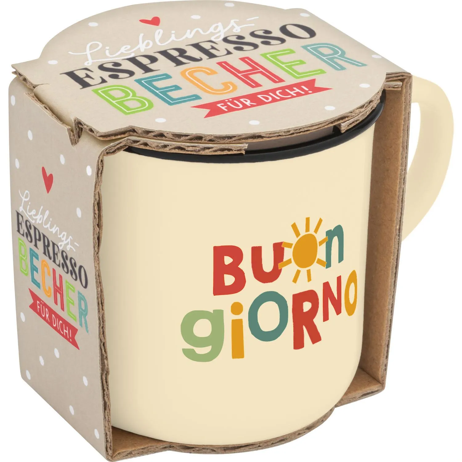 Beiger Espressobecher Buon Giorno aus Porzellan mit buntem Schriftzug und Sonnensymbol