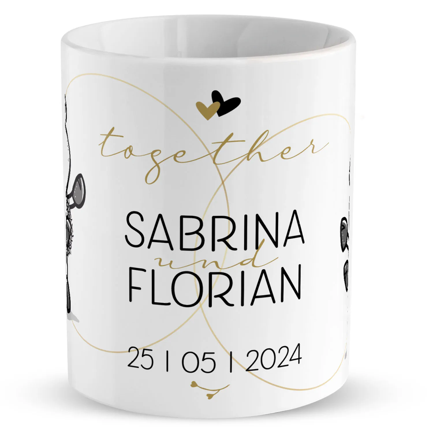 Weiße Porzellantasse mit Namen Sabrina und Florian sowie Datum 25.05.2024, personalisiert