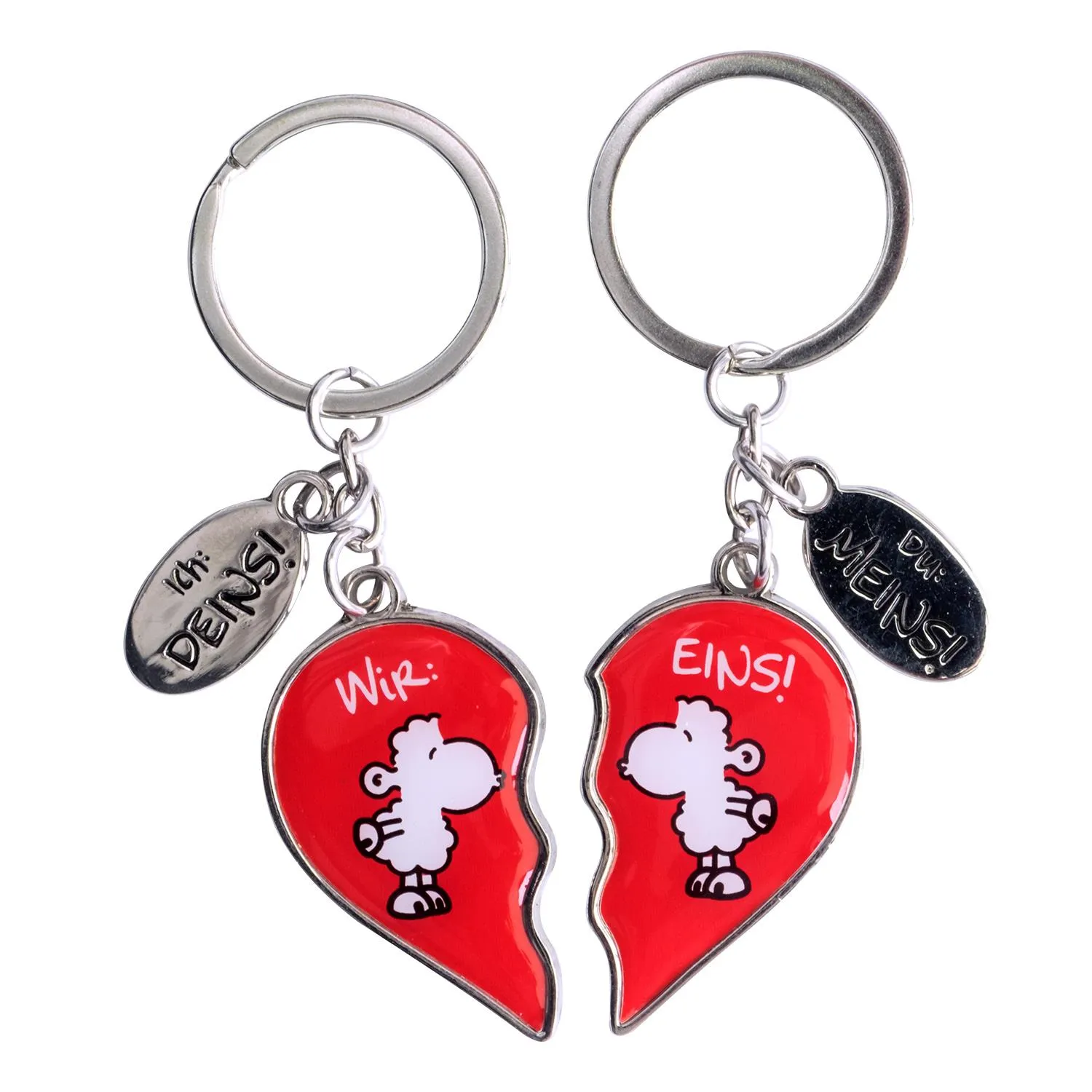 Paar-Schlüsselanhänger: zwei rote Herzhälften mit Schäfchen-Motiv
