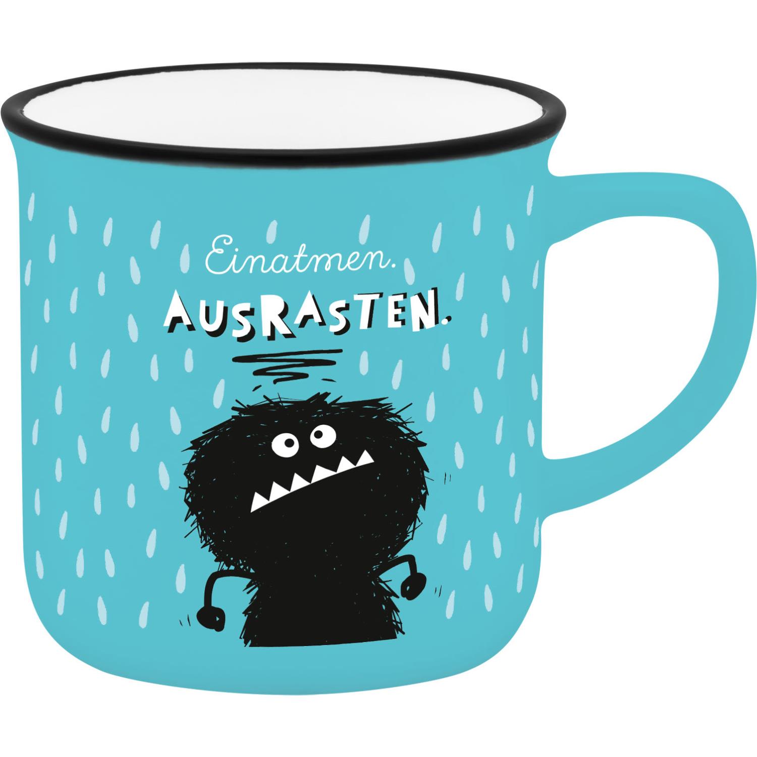 Türkisfarbener Porzellan-Espressobecher mit schwarzem Monster-Motiv und Spruch