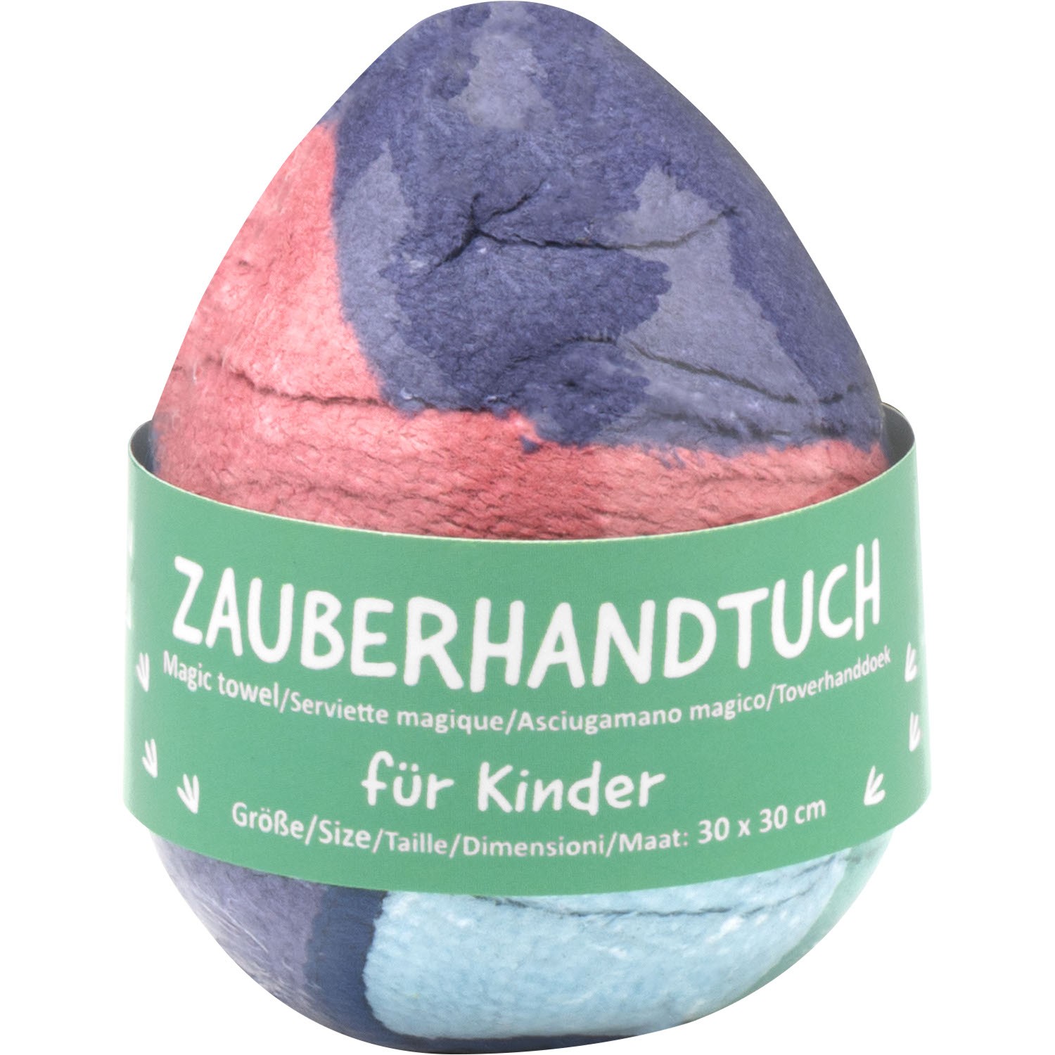Buntes Dino-Zauberhandtuch für Kinder, im Ei verpackt, entfaltet sich beim Baden zu einem farbenfrohen Handtuch